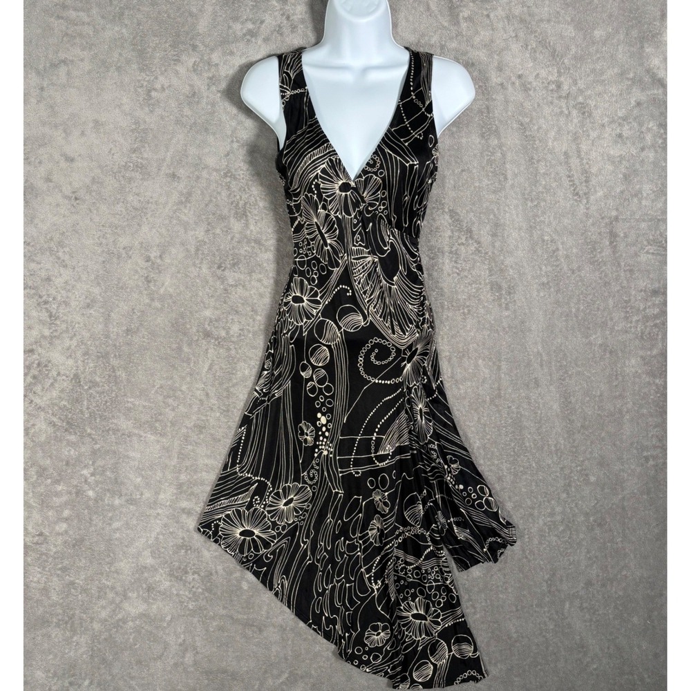 VNTG Y2K Bebe Women S Black White Abstract Floral Asymmetric Handkerchief Dress